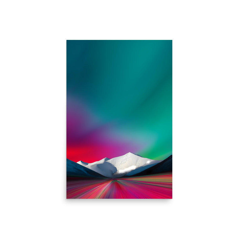 Minimal neon gradient sky with snowy mountains and colour-streaked valley, modern abstract landscape art.