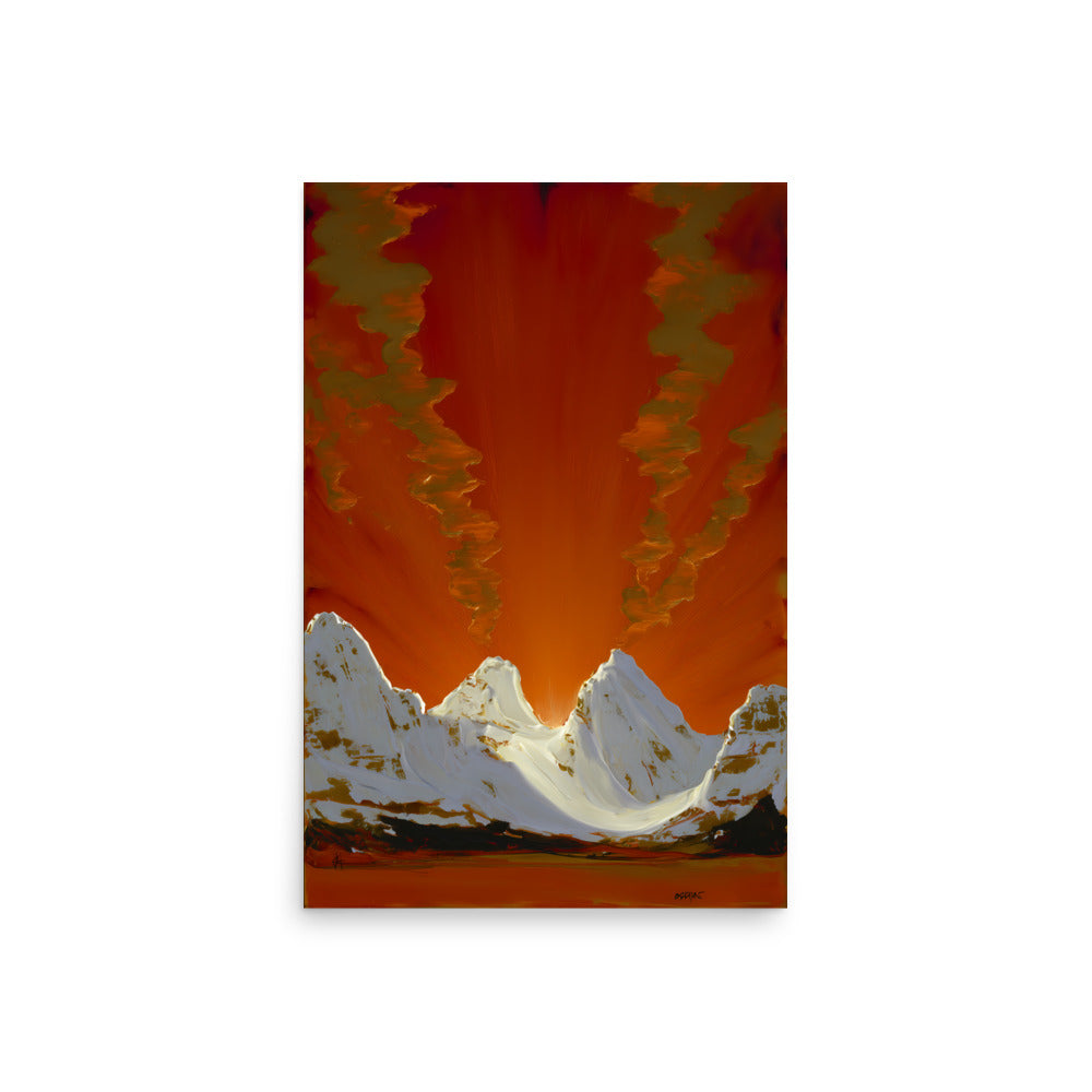 now-covered mountain range glowing under molten orange sky, bold abstract landscape painting
