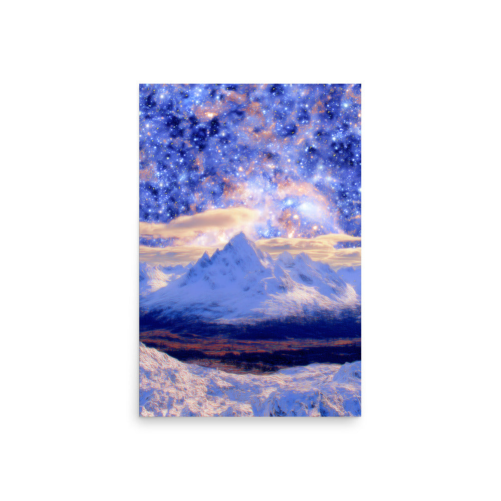 Starry night galaxy over frosted mountain peaks, dreamy cosmic winter landscape artwork