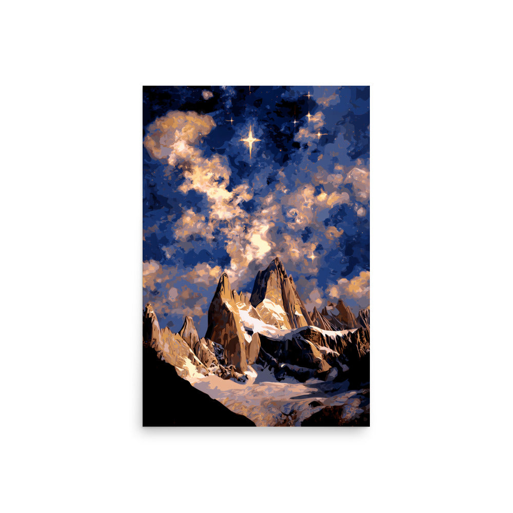 Stylised mountain spires under golden nebula clouds in deep blue sky, fantasy landscape wall art
