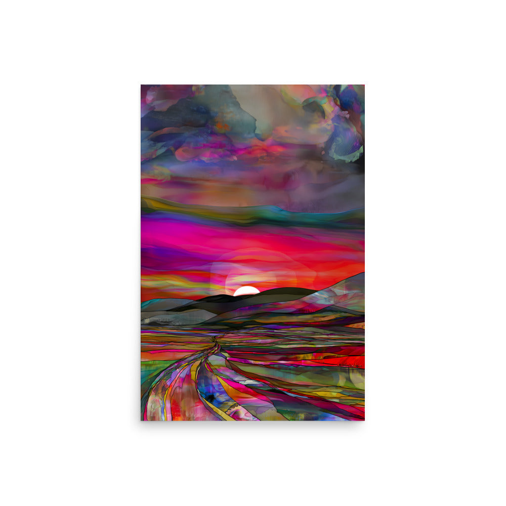 Rainbow painted landscape with sunset over hills and multicoloured fields, abstract nature wall art print.