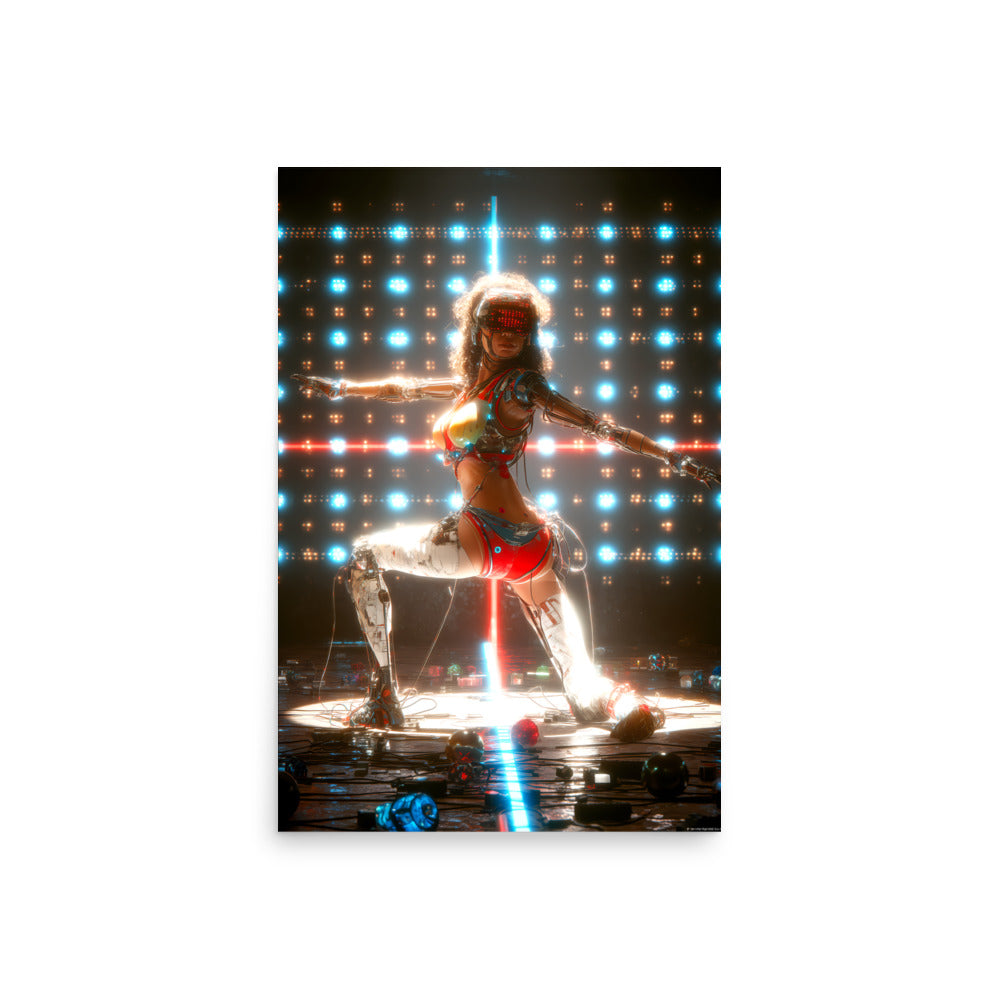Stylized image of a Cyberpunk dancer on a stage with colorful lights
