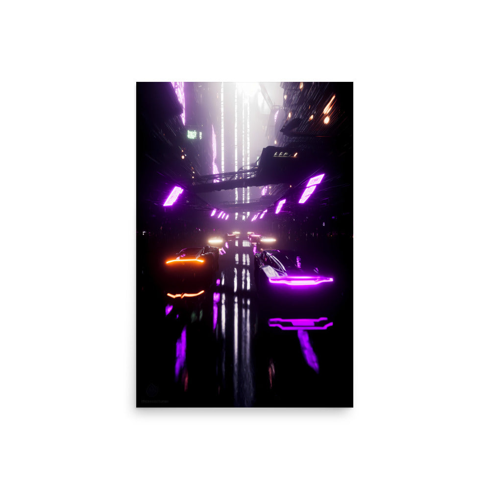 Futuristic cityscape with neon lights on a white background