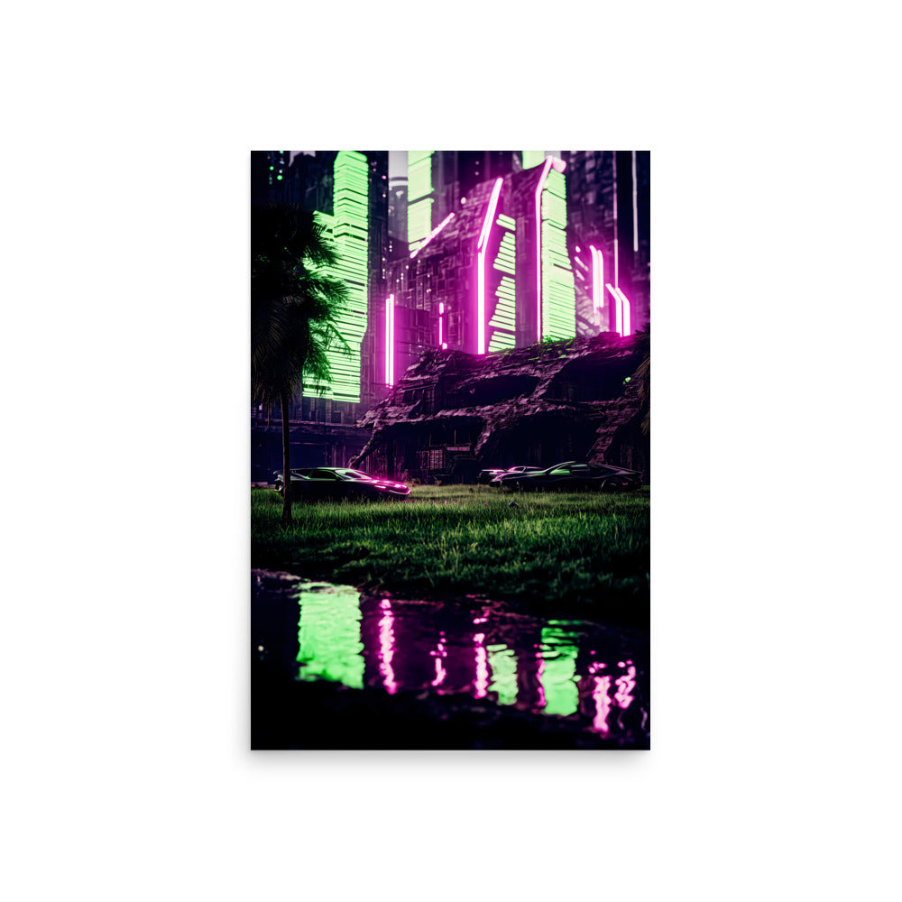 Futuristic cityscape with neon lights reflected in water at night