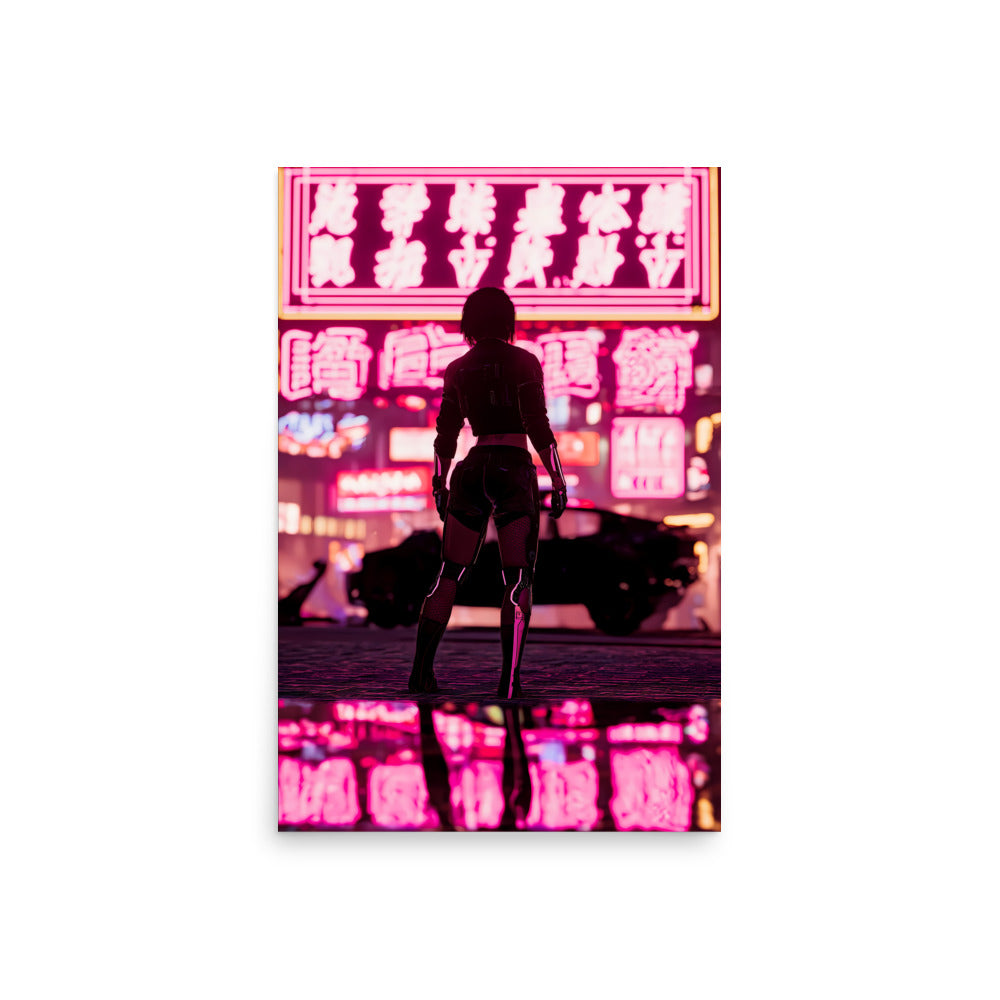Silhouette of a Cyberpunk person against a vibrant neon cityscape
