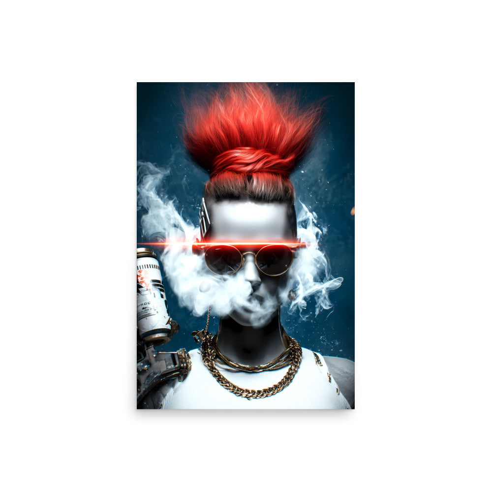 Cyberpunk woman with red hair and sunglasses holding a spray can against a dark background