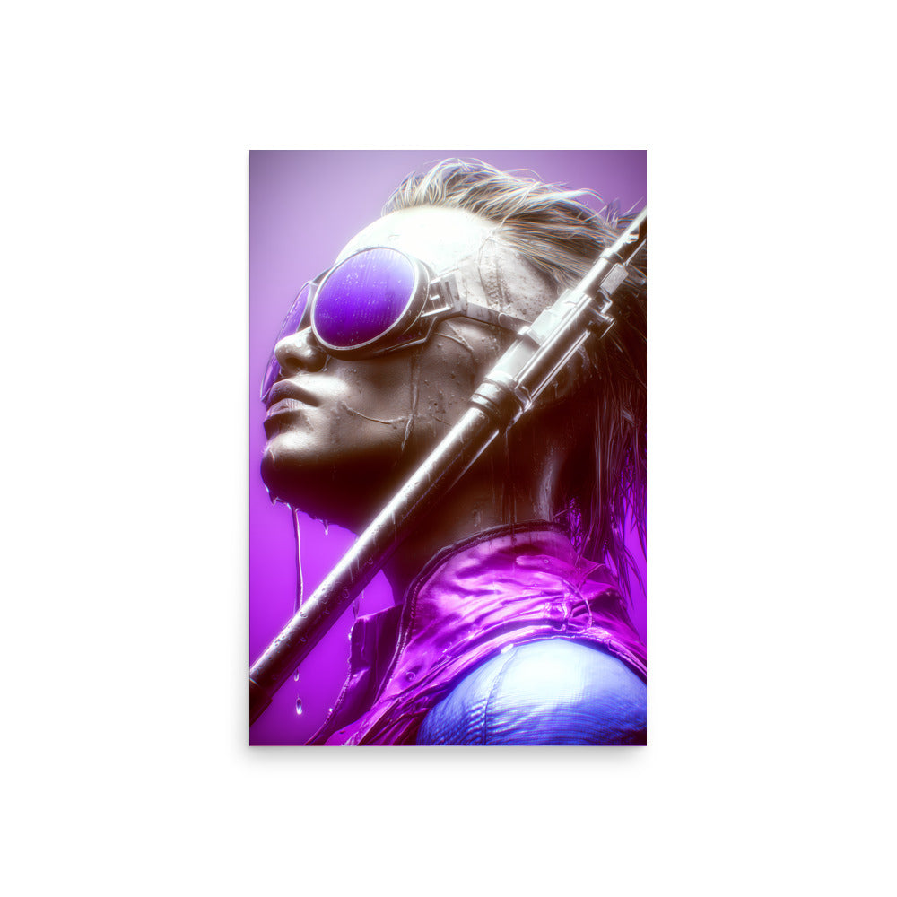 Cyberpunk man with sunglasses and a weapon on a purple background