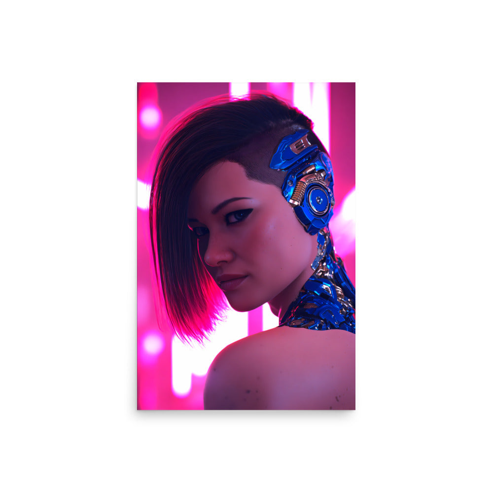Cyberpunk woman wearing a futuristic headpiece with pink and purple lights in the background