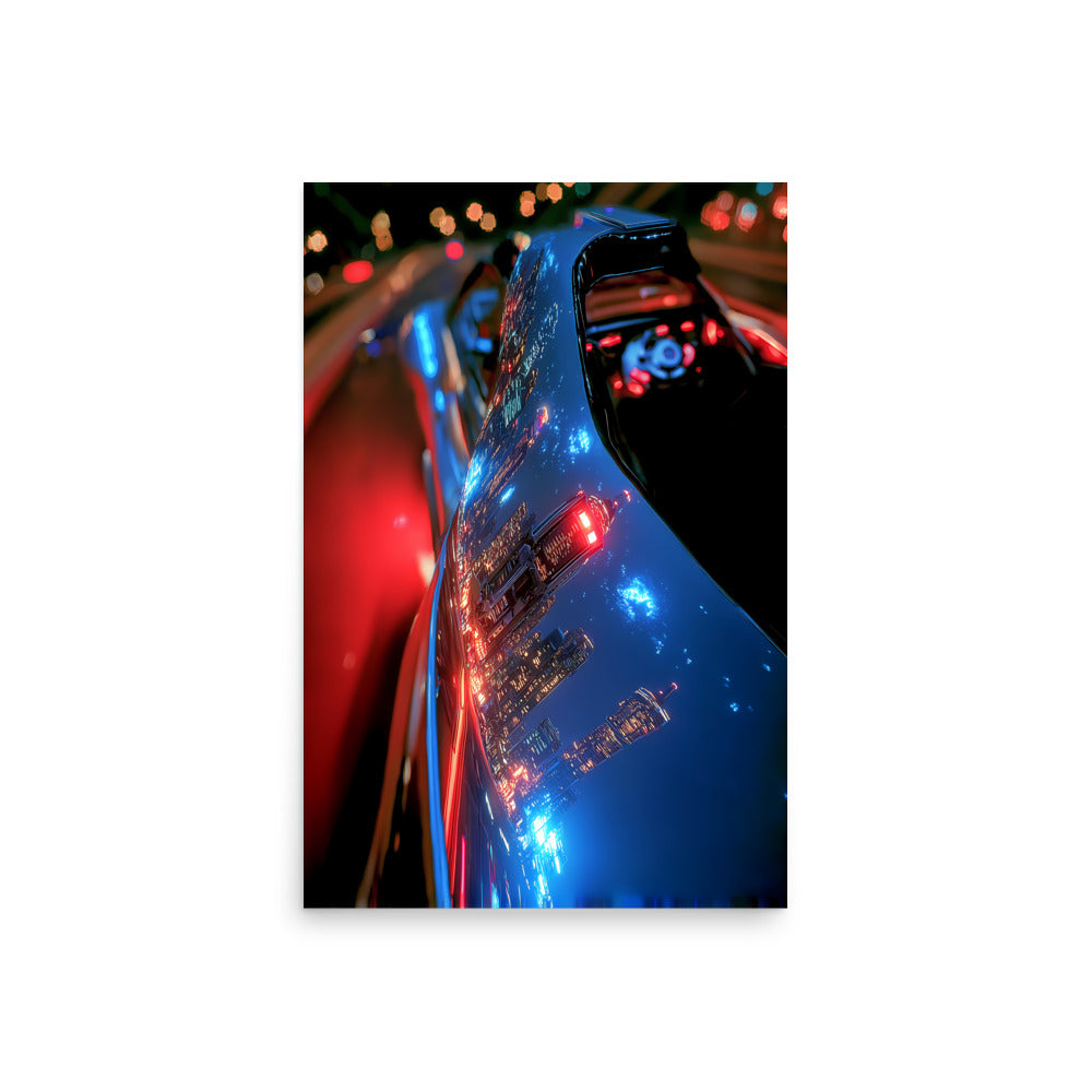 Close-up of a shiny blue car hood with blurred lights in the background