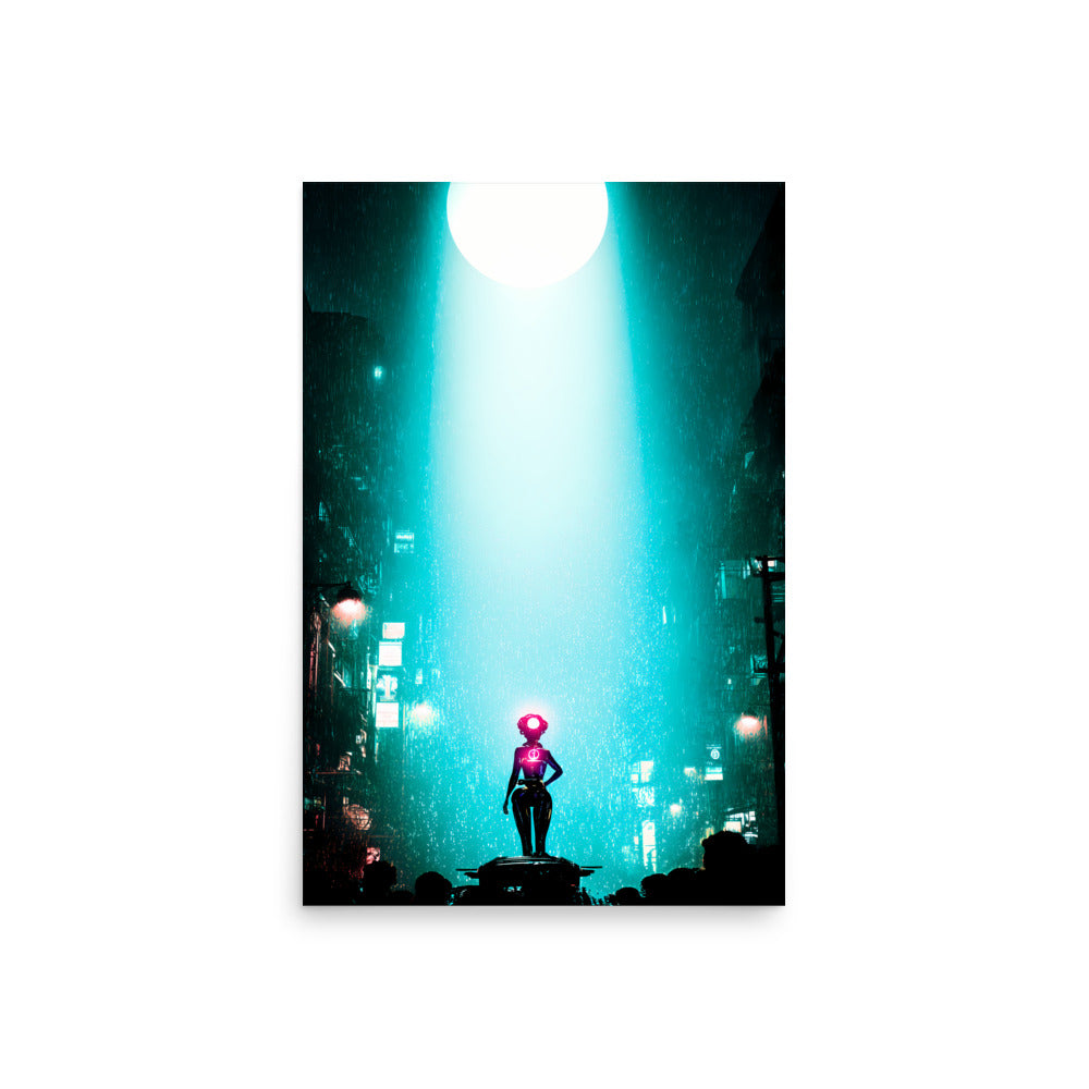 Futuristic cityscape with a silhouette of a person wearing a helmet under beams of light.