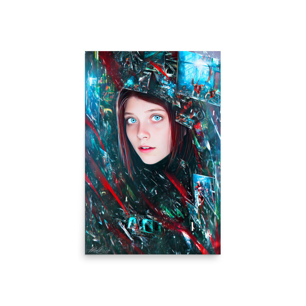 Abstract art piece with a person's face surrounded by colorful geometric shapes on a white background