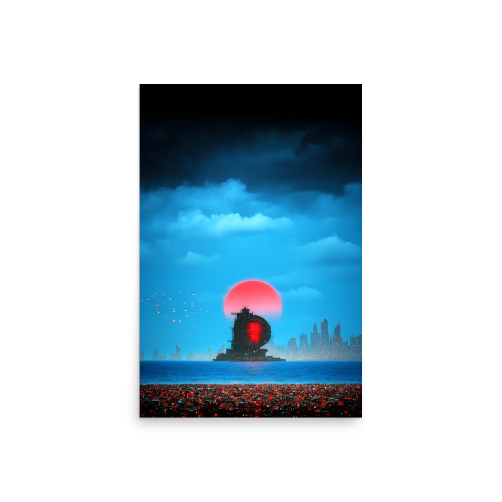 Artistic depiction of a ship with a red light on a dark blue sky with a red sun.