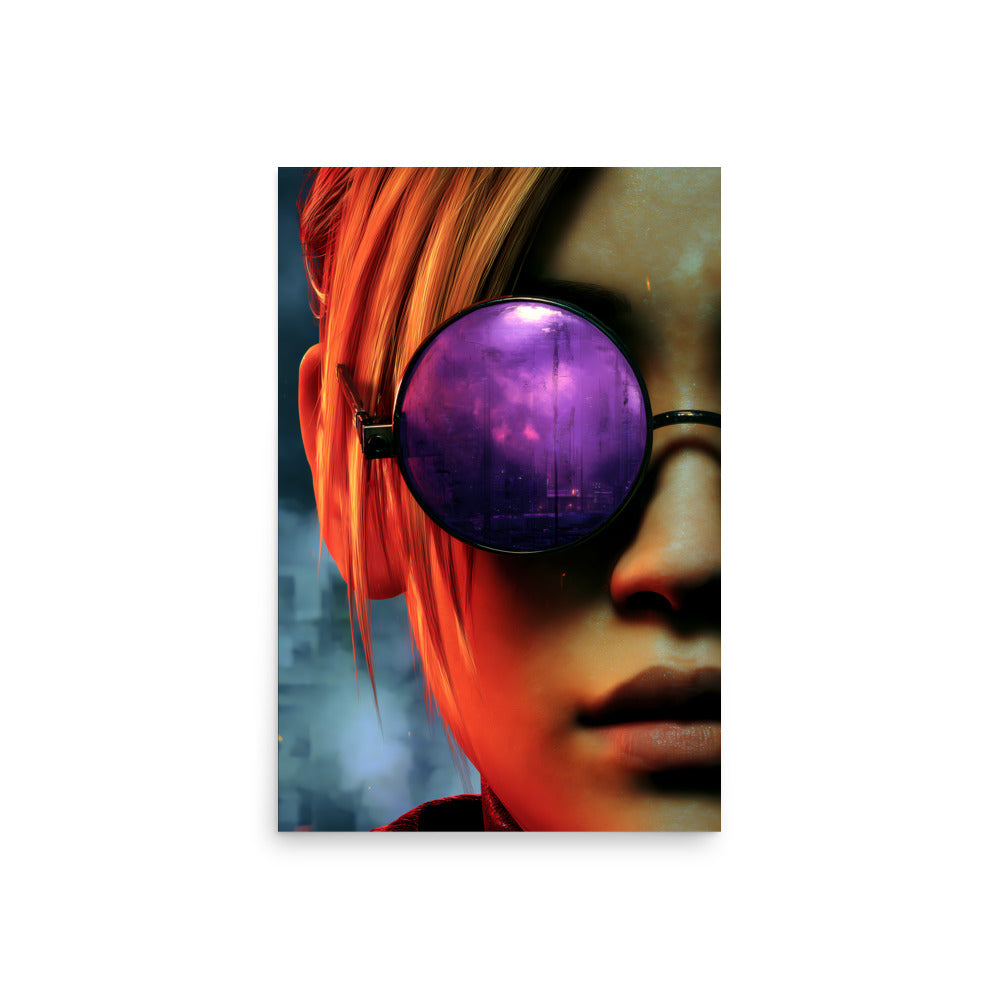 Cyberpunk girl wearing purple goggles with a colorful background