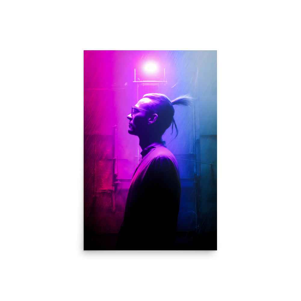 Person in silhouette with a purple and blue light effect