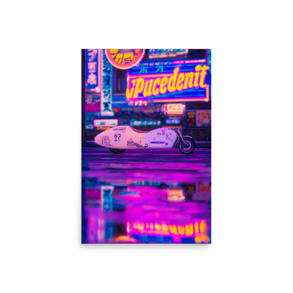 Neon sign with 'Pucedent' and a motorcycle graphic on a reflective surface.