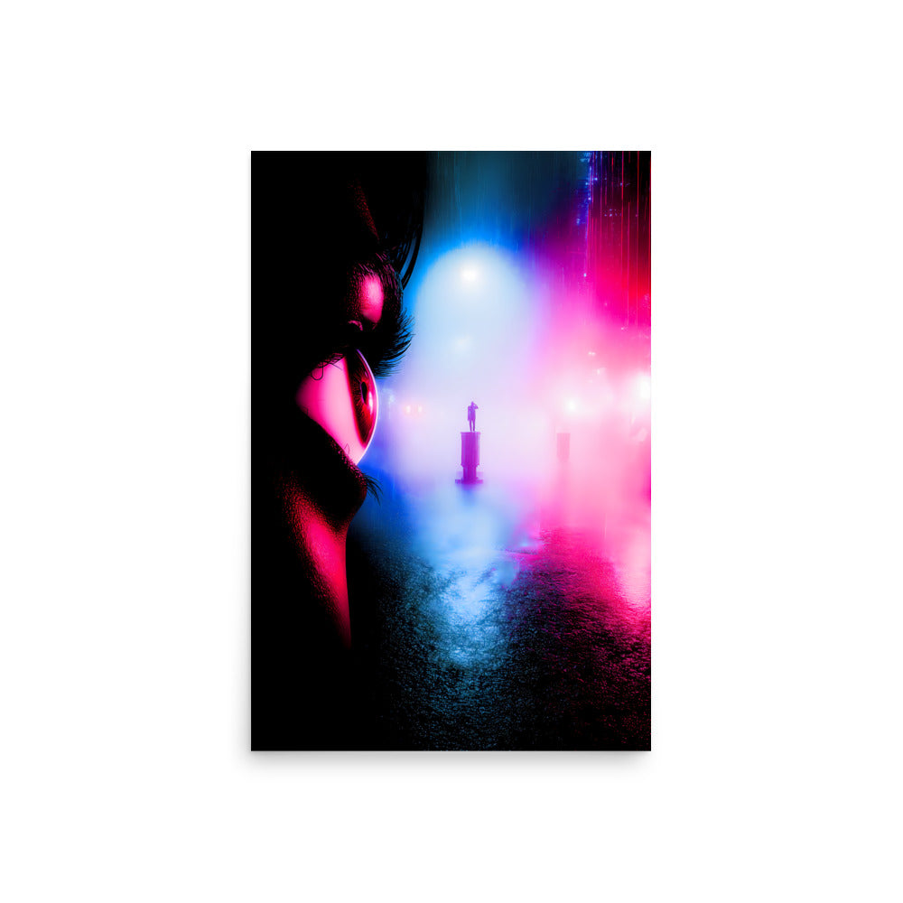 Futuristic cityscape with neon lights and a person wearing headphones.