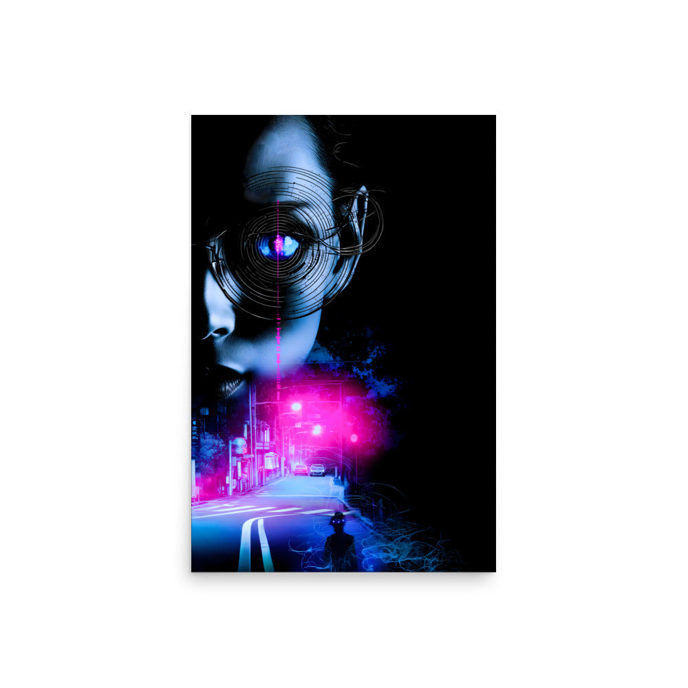 Futuristic cityscape with a person wearing goggles, neon lights, and a dark background.