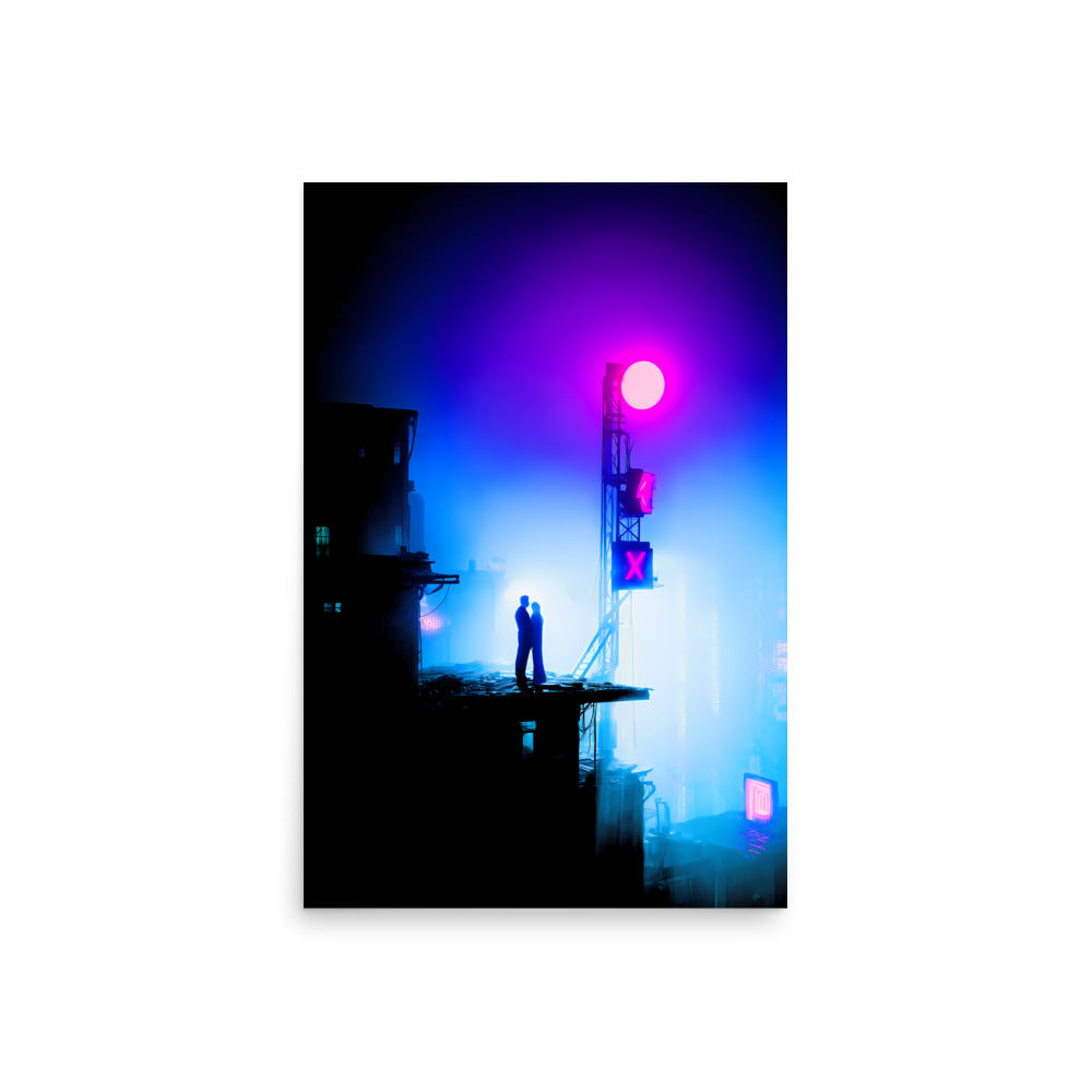 Silhouette of a person on a platform with colorful lights in the background