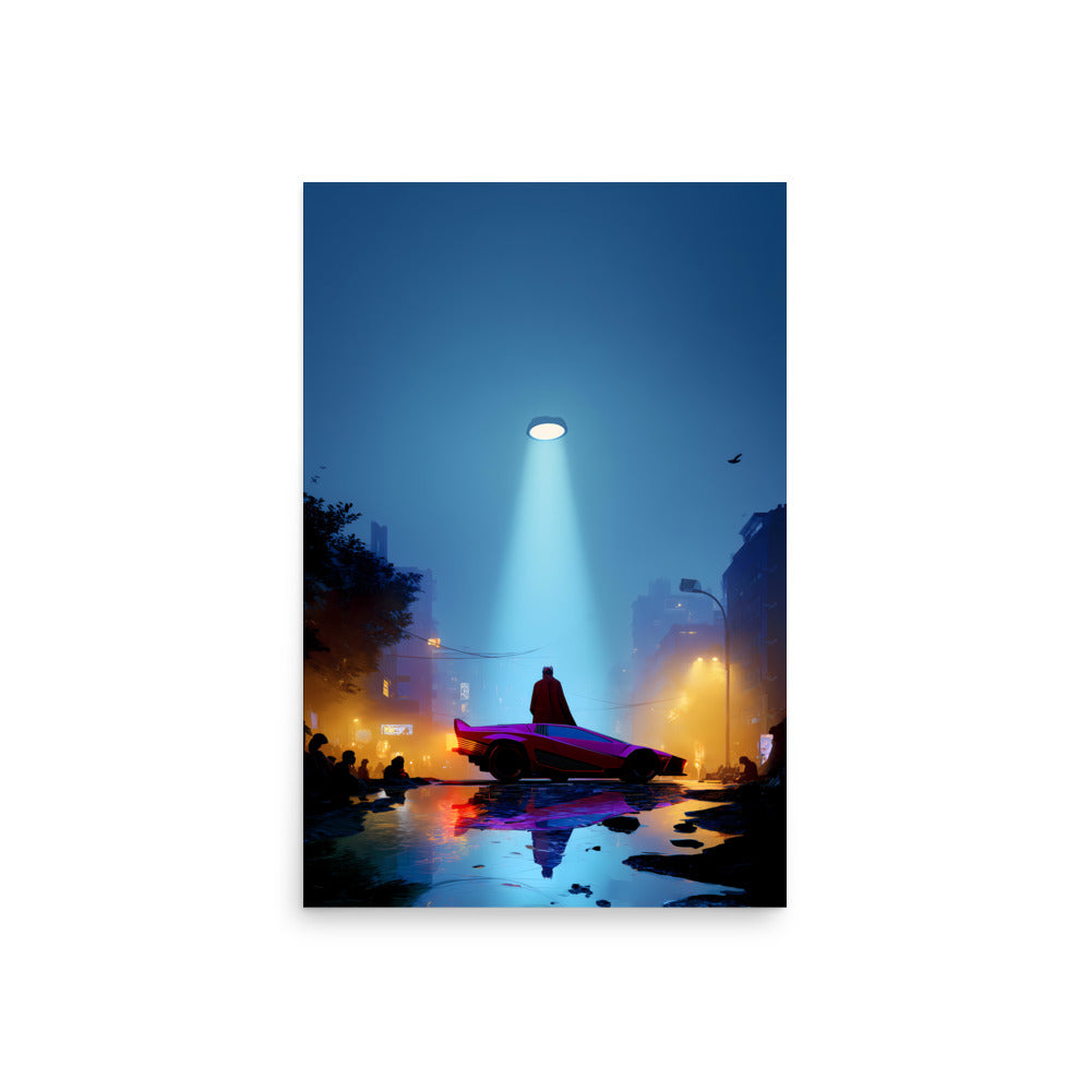 Silhouette of a person sitting on a bench under a streetlight with a cityscape in the background.