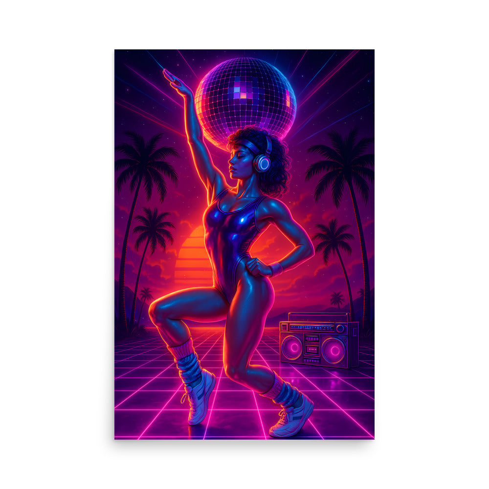 Neon-style poster of a woman holding a disco ball with palm trees and a boombox in the background. 80s Synthwave art poster.