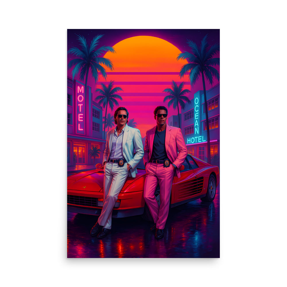 Two men standing next to a red sports car with a vibrant, retro-futuristic cityscape in the background. 80s Synthwave art poster.