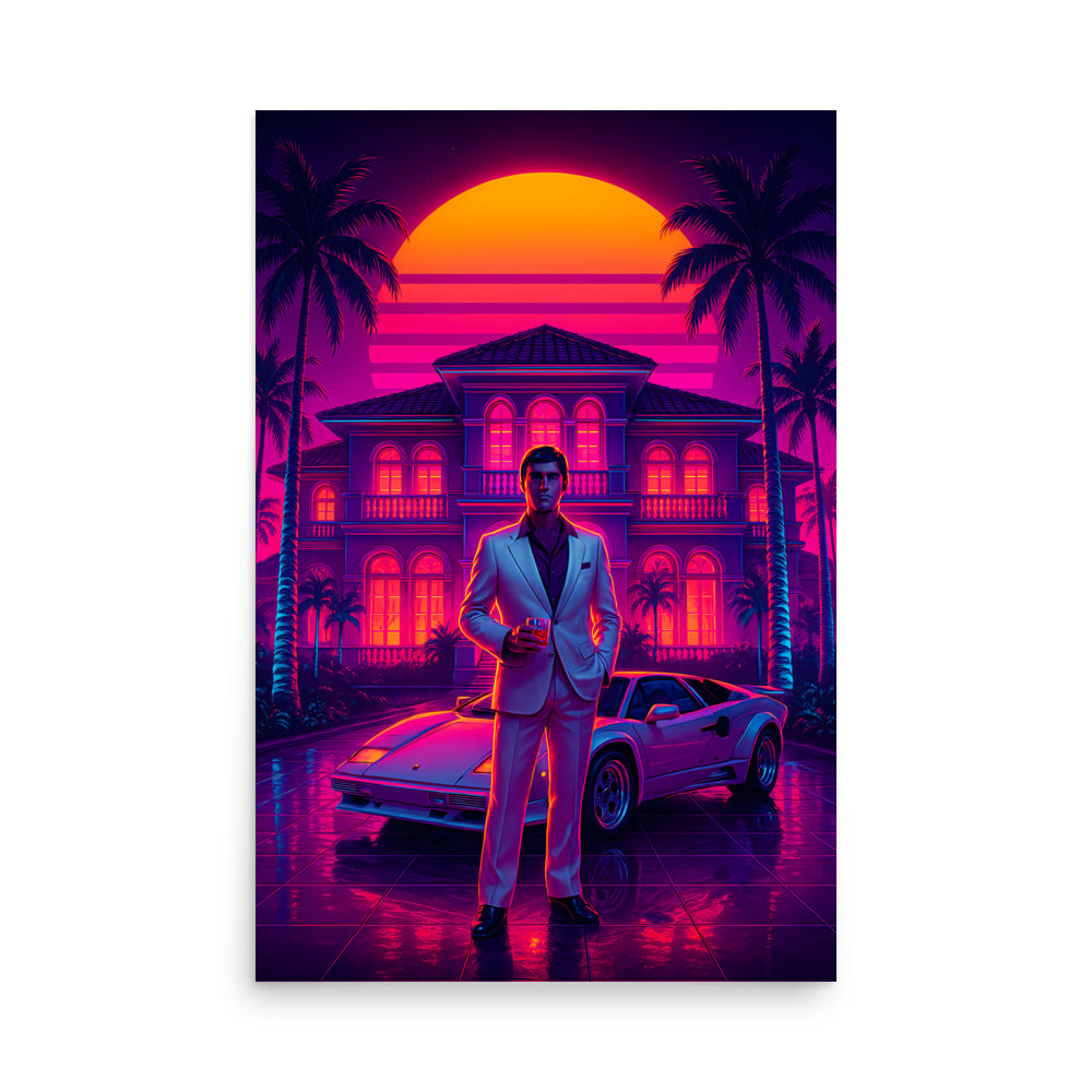 Man in a white suit standing next to a car with a retro-futuristic sunset and palm trees in the background. Scarface poster. 80s Synthwave art poster.