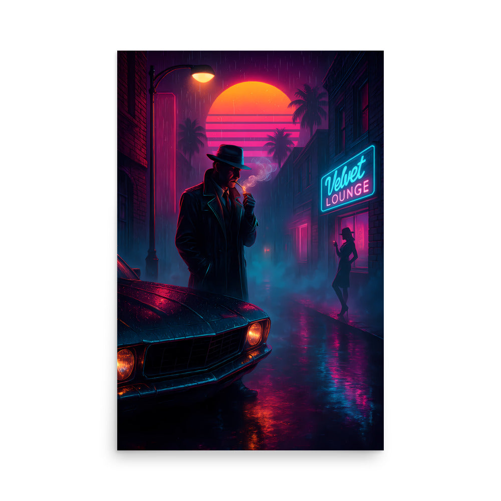 Neon-lit street scene with a man by a car and 'Velvet Lounge' sign. LA Noir poster. 80s Synthwave art poster.