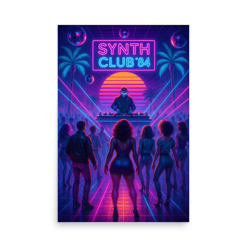 Neon synthwave poster with 'Synth Club '84' text, people dancing, and palm trees. 80s Synthwave art poster.