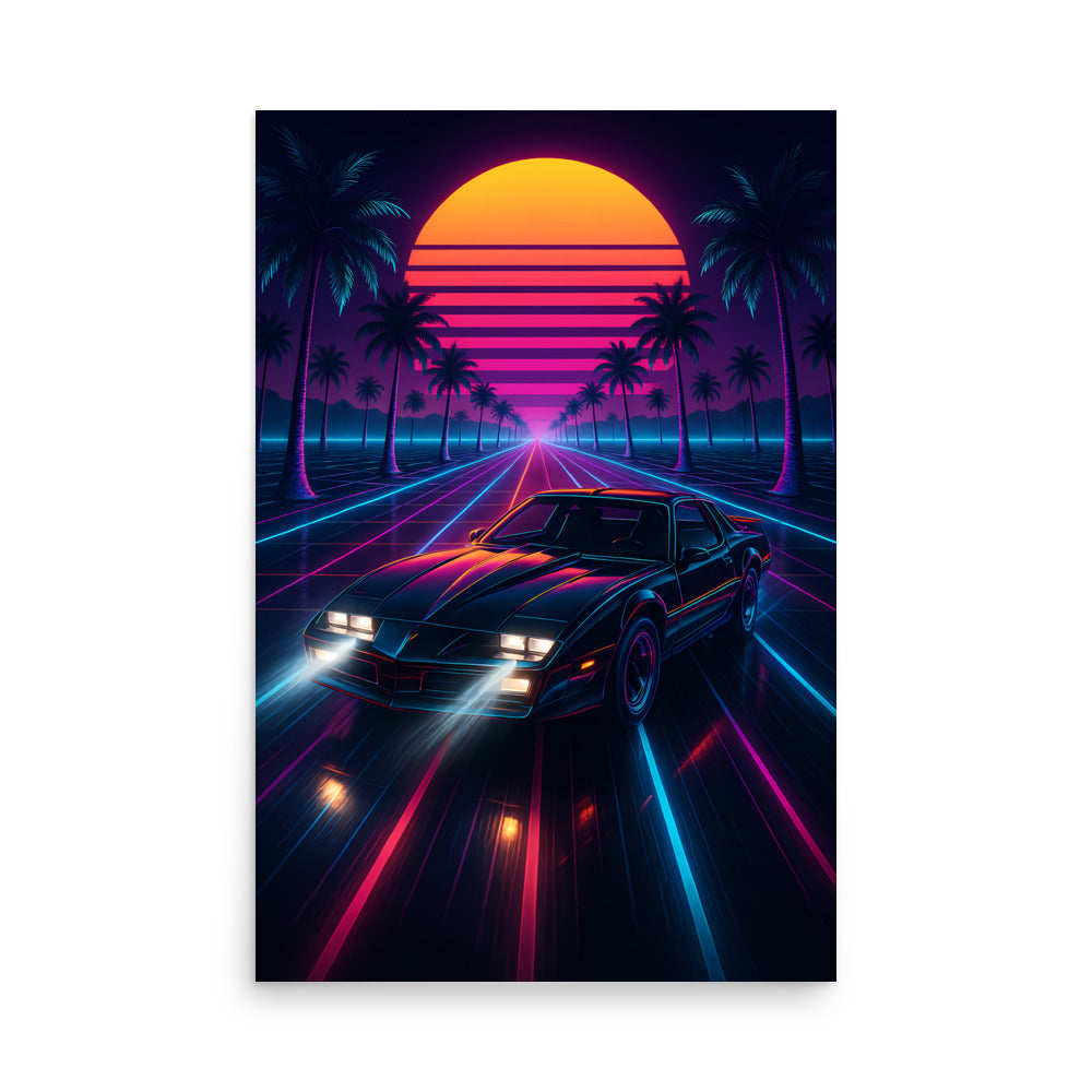 Neon-lit car on a road with palm trees and a sunset in the background. 80s Synthwave art poster.