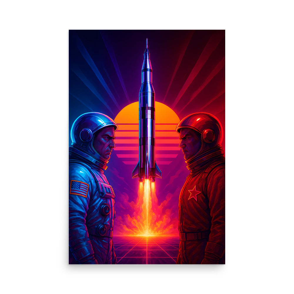 Two astronauts in space suits facing a rocket with a retro-futuristic design. 80s Synthwave art poster.