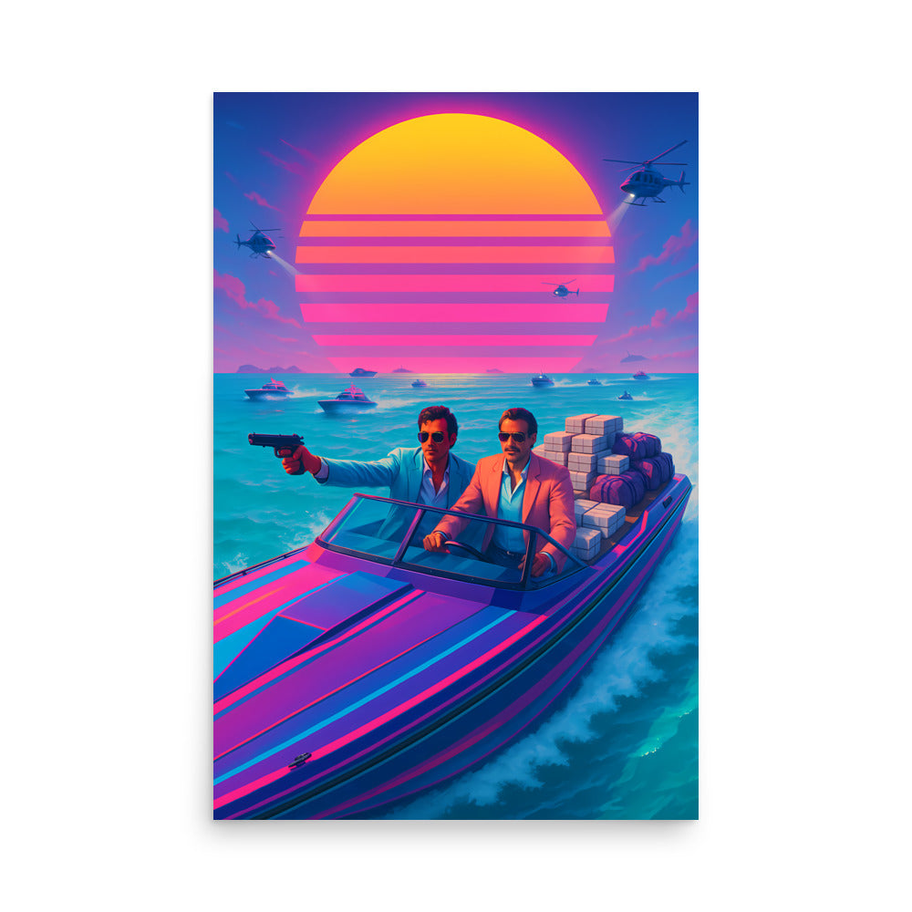 Surreal scene with two men in a boat, one holding a gun, against a vibrant sunset. 80s Synthwave art poster.