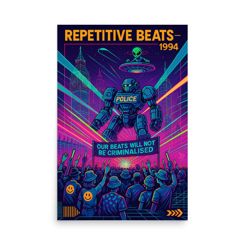 Futuristic poster with robot, crowd, and text about police and criminalization in a stylized cityscape. 90s rave poster.