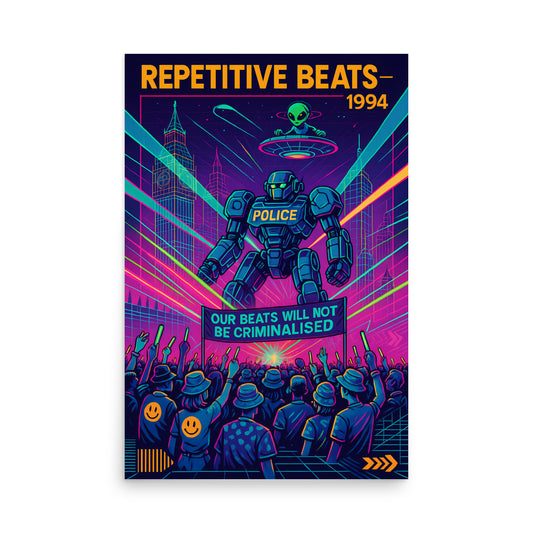 Futuristic poster with robot, crowd, and text about police and criminalization in a stylized cityscape. 90s rave poster.