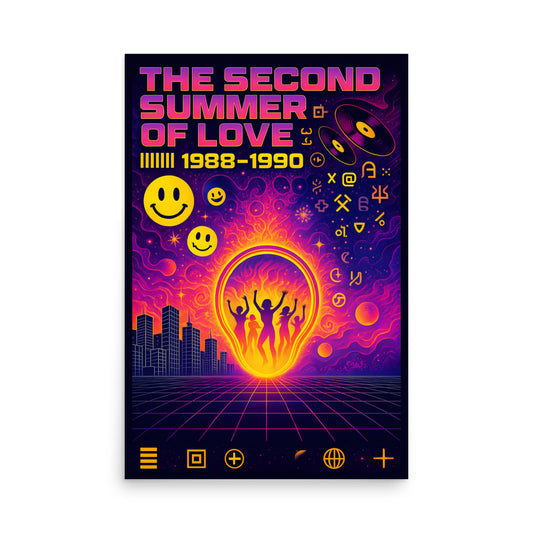 Poster design with 'The Second Summer of Love 1988-1990' text, smiley faces, and retro elements on a colourful background. 90s rave poster.