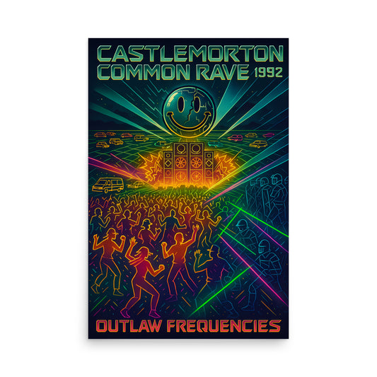 Colourful poster of a rave event with text 'Castlemorton Common Rave 1992' and 'Outlaw Frequencies'. 90s rave poster.