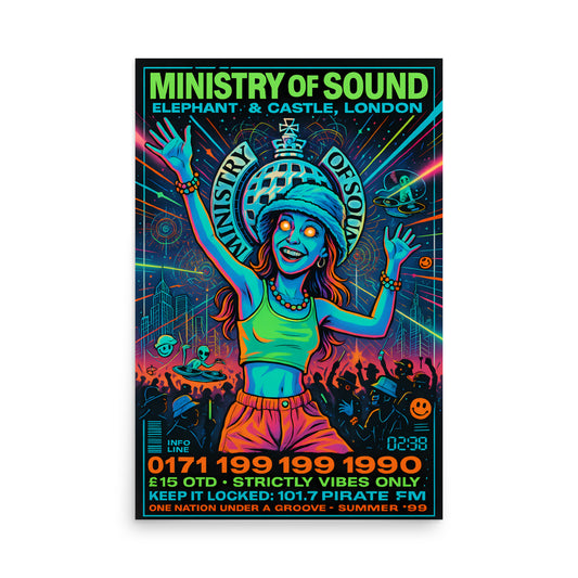 Ministry of Sound poster with a person in a bucket hat and colourful design. 90s rave poster.