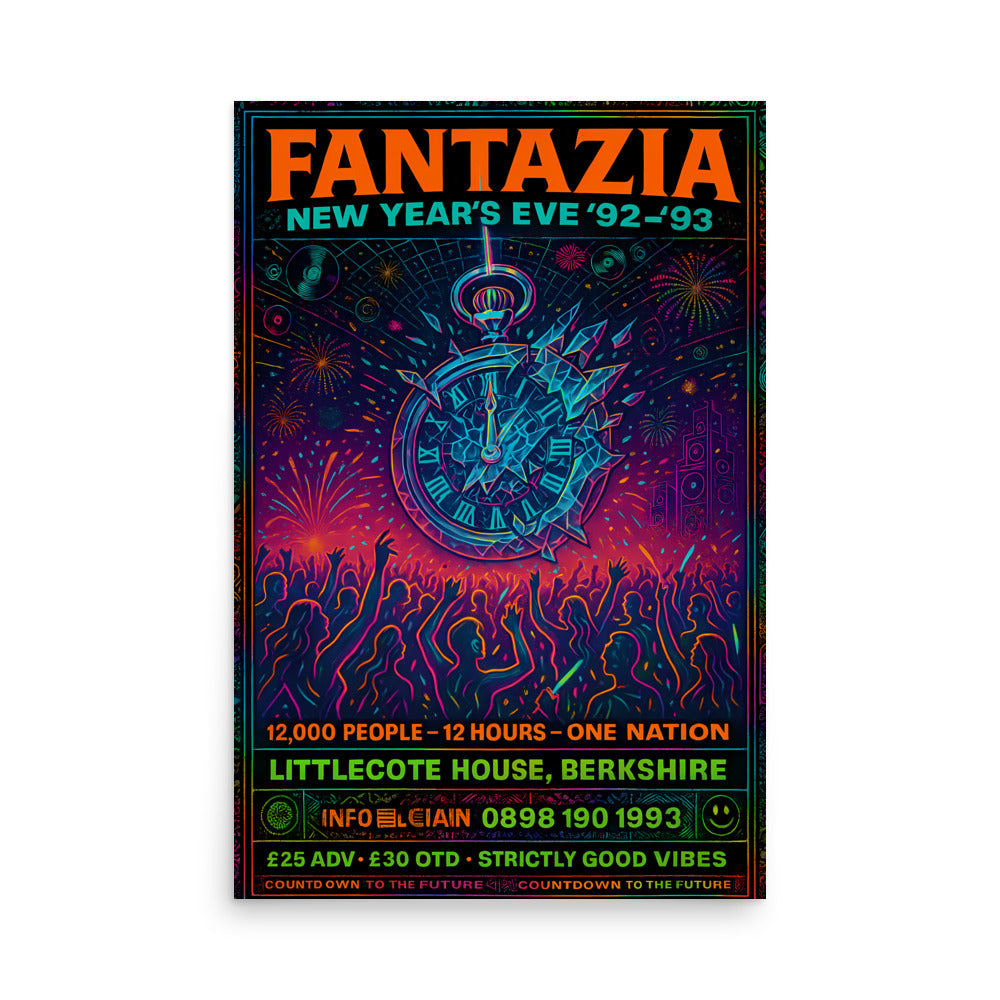 Promotional poster for Fantazia New Year's Eve '92-'93 event with clock design and crowd silhouette. 90s rave poster.