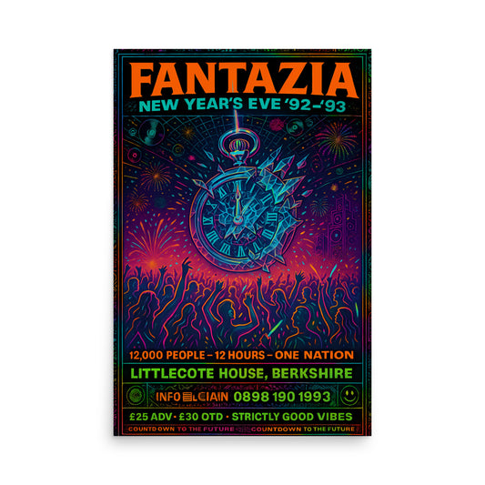 Promotional poster for Fantazia New Year's Eve '92-'93 event with clock design and crowd silhouette. 90s rave poster.