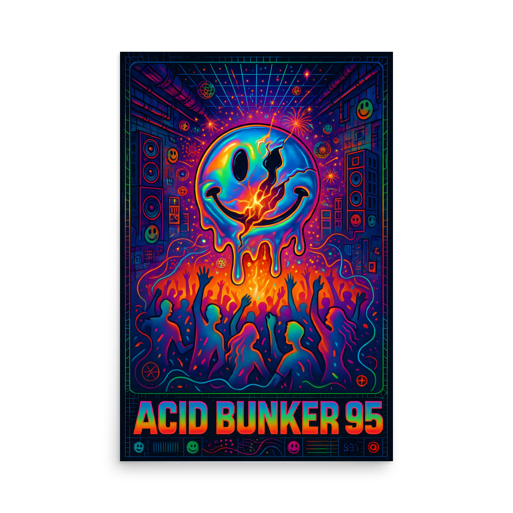 Colourful poster with a smiley face and 'Acid Bunker 95' text on a white background. 90s rave poster.