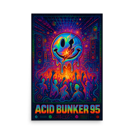 Colourful poster with a smiley face and 'Acid Bunker 95' text on a white background. 90s rave poster.