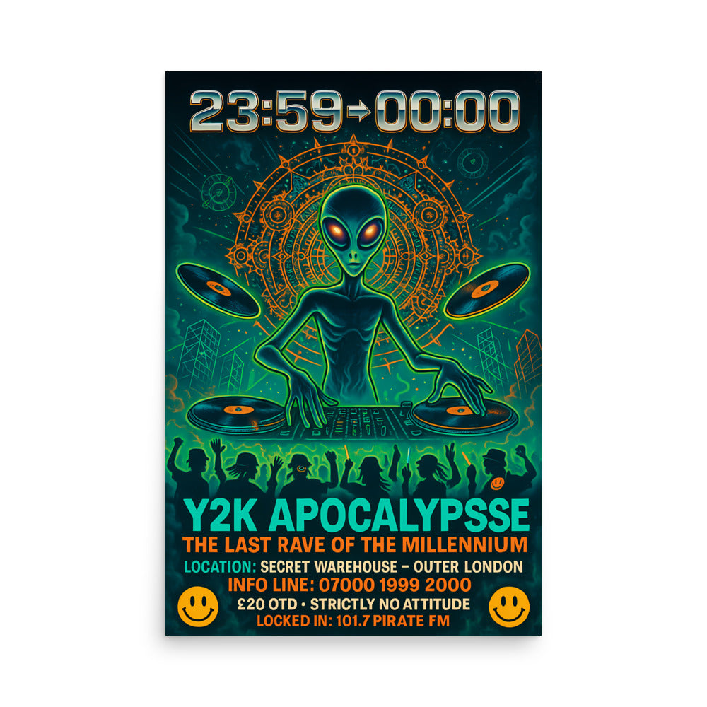 Alien DJ at a rave with text 'Y2K Apocalypse' on a dark background. 90s rave poster.