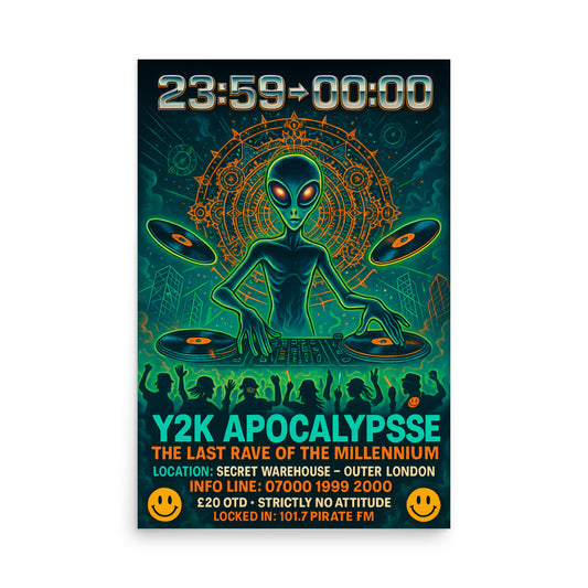 Alien DJ at a rave with text 'Y2K Apocalypse' on a dark background. 90s rave poster.