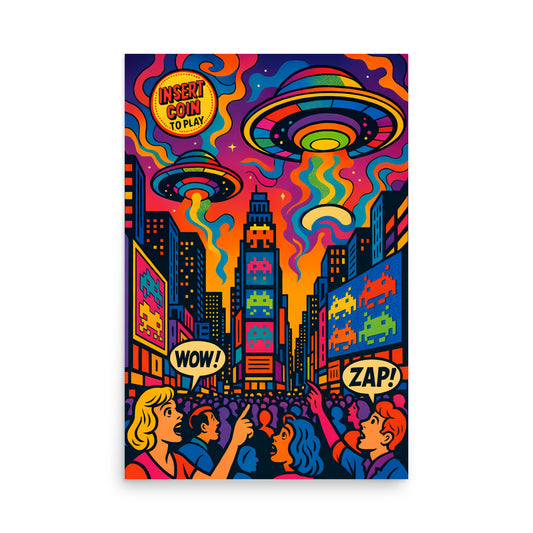 Colorful poster with a cityscape, UFO, and people with speech bubbles on a white background. 70's retro futurism and psychedelic pop art poster