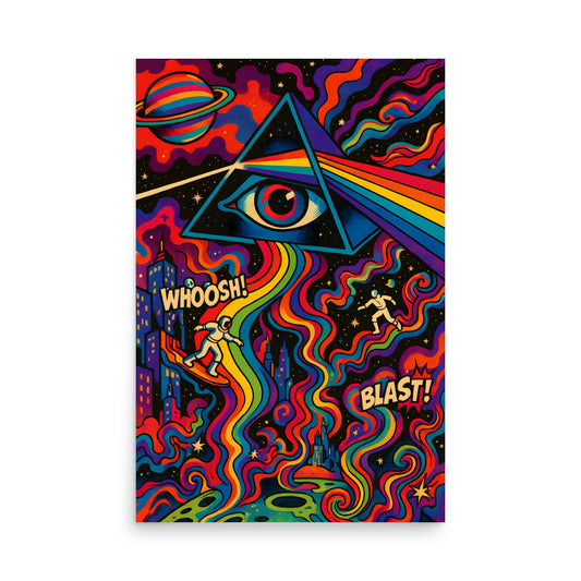 Colourful Pink Floyd psychedelic design with eye, triangles, and space elements on a white background. 70's retro futurism and psychedelic pop art poster