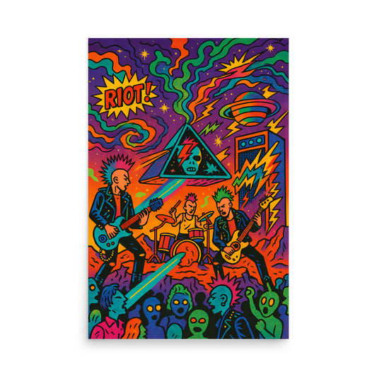 Colourful poster with a band performing and the word 'RIOT!' in a stylized design. 70's retro futurism and psychedelic pop art poster
