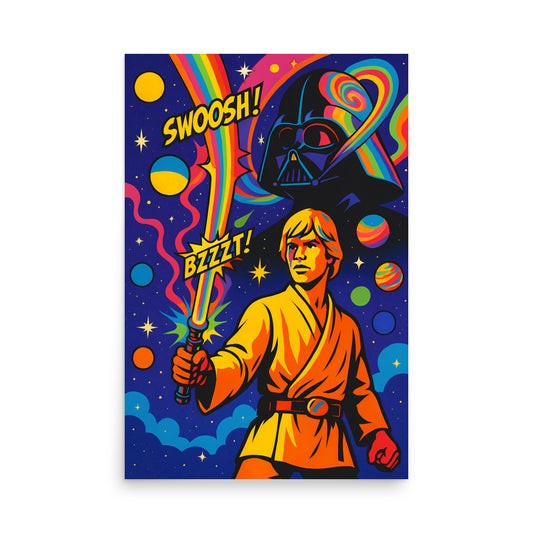 Colourful illustration of a character holding a lightsaber with a rainbow and space-themed background. 70's retro futurism and psychedelic pop art poster