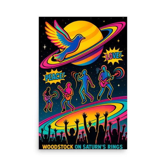 Colourful poster of Woodstock festival with silhouettes of people, a dove, and text on a black background. 70's retro futurism and psychedelic pop art poster