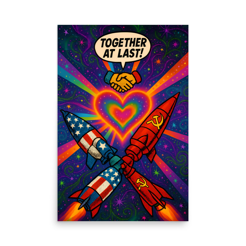 Colorful illustration of two rockets crossing paths with a heart and 'Together at Last!' text on a starry background. 70's retro futurism and psychedelic pop art poster