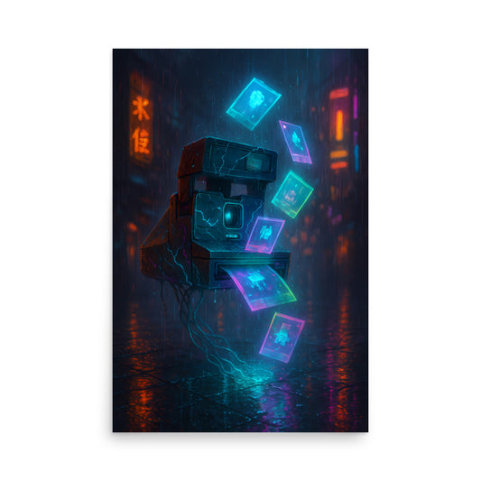 Futuristic camera with glowing screens in a dark, neon-lit environment. Retro poster.