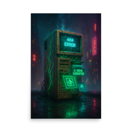 Vintage computer with neon green text displaying errors in a dark, futuristic setting. Retro poster.